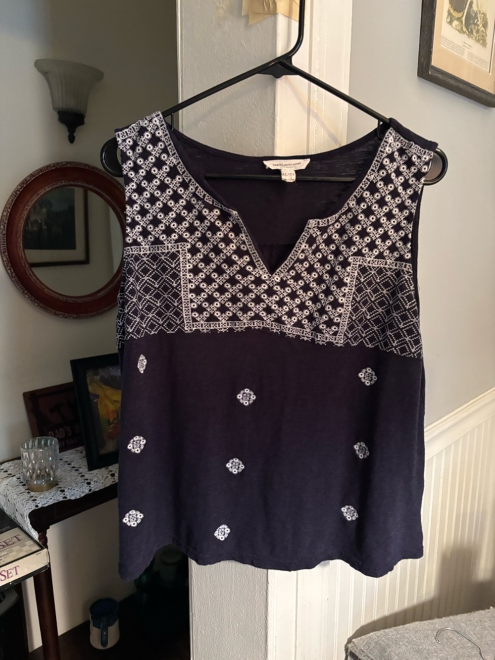 beachlunchlounge Navy Sleeveless Embroidered Split V-Neck Tank